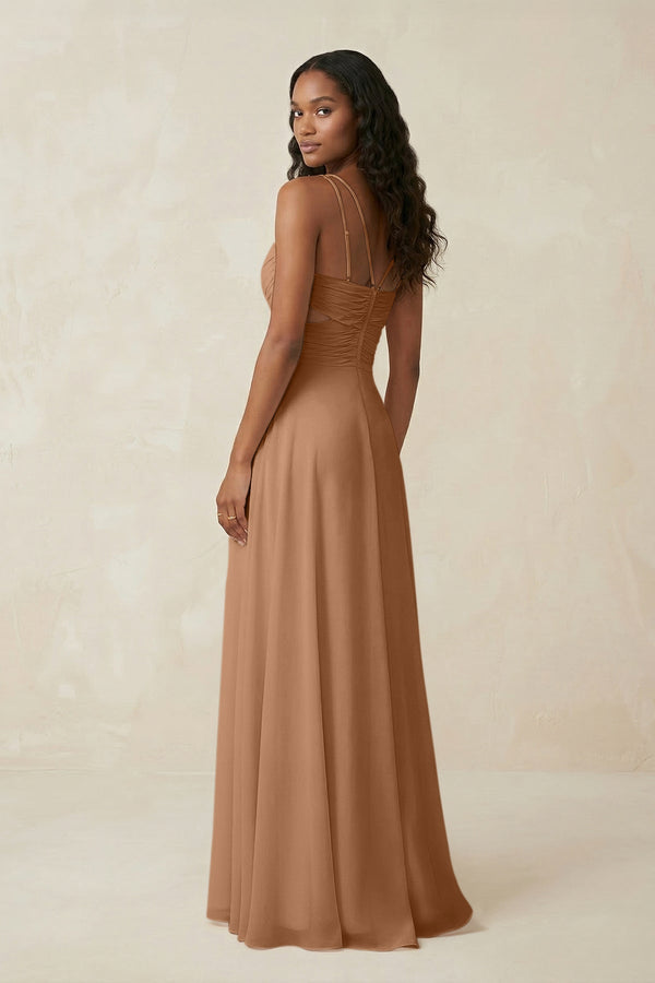 V - Neck Chiffon A - Line Cut - Out Bridesmaid Dress in Bronzer - KissProm Bridesmaid Dresses