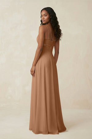 V - Neck Chiffon A - Line Cut - Out Bridesmaid Dress in Bronzer - KissProm Bridesmaid Dresses