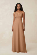 V - Neck Chiffon A - Line Cut - Out Bridesmaid Dress in Bronzer - KissProm Bridesmaid Dresses