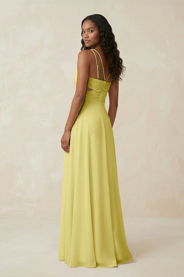 V - Neck Chiffon A - Line Cut - Out Bridesmaid Dress in Buttercup - KissProm Bridesmaid Dresses