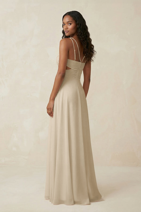 V - Neck Chiffon A - Line Cut - Out Bridesmaid Dress in Champagne - KissProm Bridesmaid Dresses