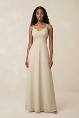 V - Neck Chiffon A - Line Cut - Out Bridesmaid Dress in Champagne - KissProm Bridesmaid Dresses