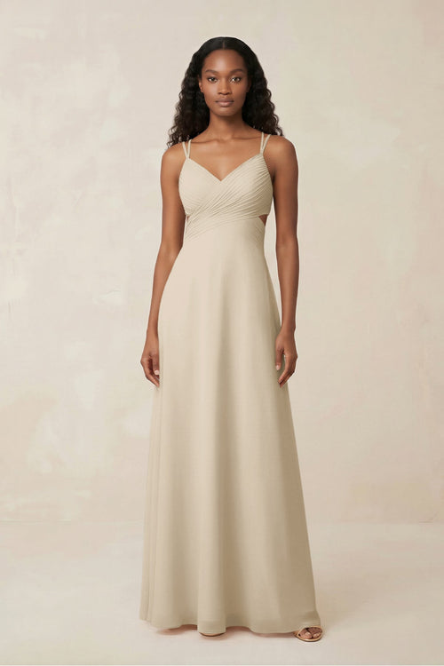 V - Neck Chiffon A - Line Cut - Out Bridesmaid Dress in Champagne - KissProm Bridesmaid Dresses