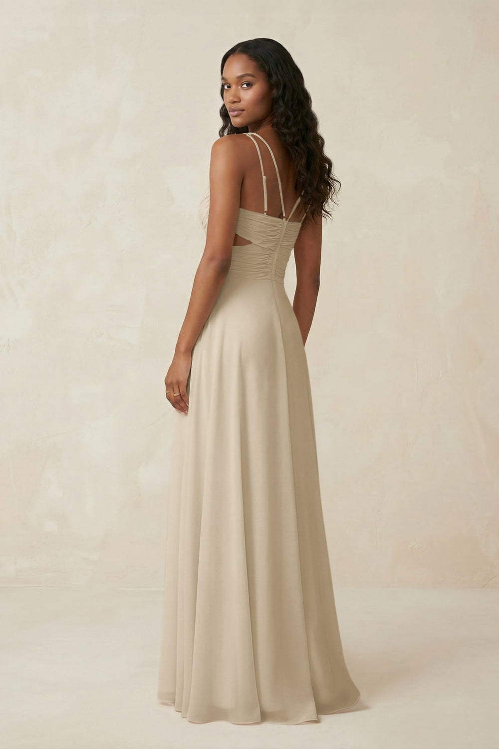 V - Neck Chiffon A - Line Cut - Out Bridesmaid Dress in Champagne - KissProm Bridesmaid Dresses