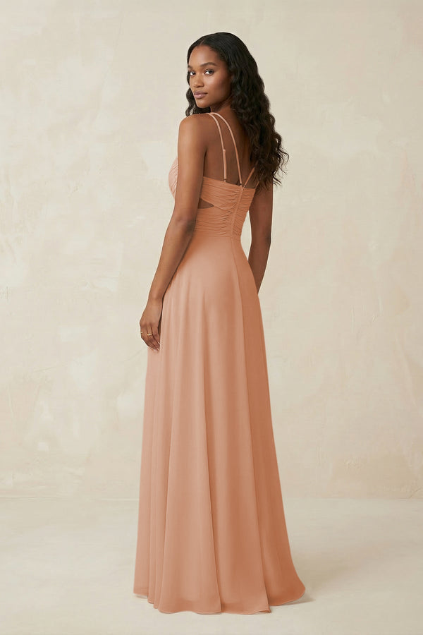 V - Neck Chiffon A - Line Cut - Out Bridesmaid Dress in Champagne Rose - KissProm Bridesmaid Dresses