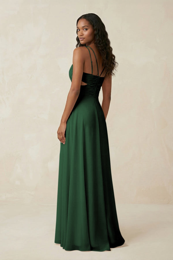 V - Neck Chiffon A - Line Cut - Out Bridesmaid Dress in Dark Green - KissProm Bridesmaid Dresses