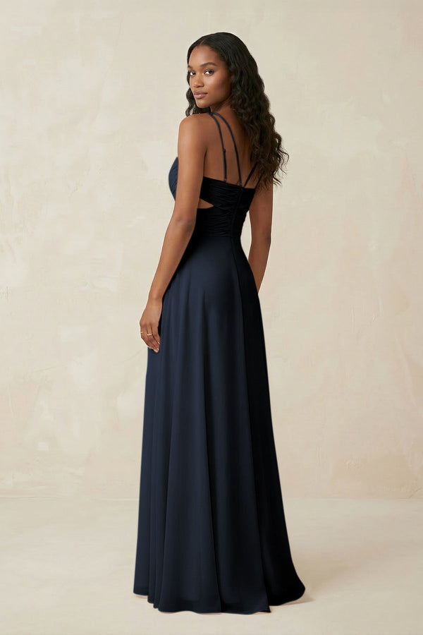 V - Neck Chiffon A - Line Cut - Out Bridesmaid Dress in Dark Navy - KissProm Bridesmaid Dresses