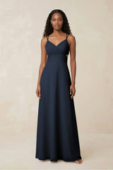 V - Neck Chiffon A - Line Cut - Out Bridesmaid Dress in Dark Navy - KissProm Bridesmaid Dresses
