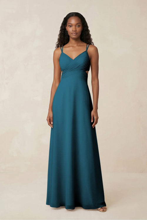 V - Neck Chiffon A - Line Cut - Out Bridesmaid Dress in Dark Teal - KissProm Bridesmaid Dresses