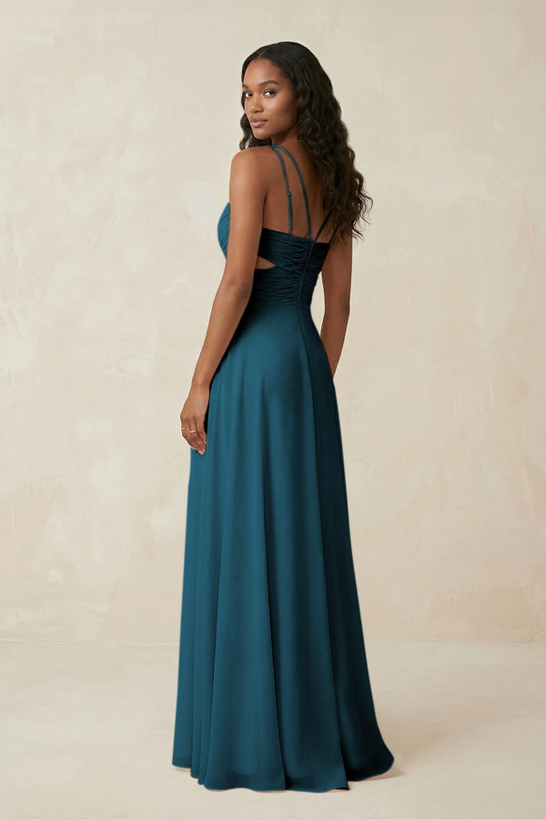 V - Neck Chiffon A - Line Cut - Out Bridesmaid Dress in Dark Teal - KissProm Bridesmaid Dresses