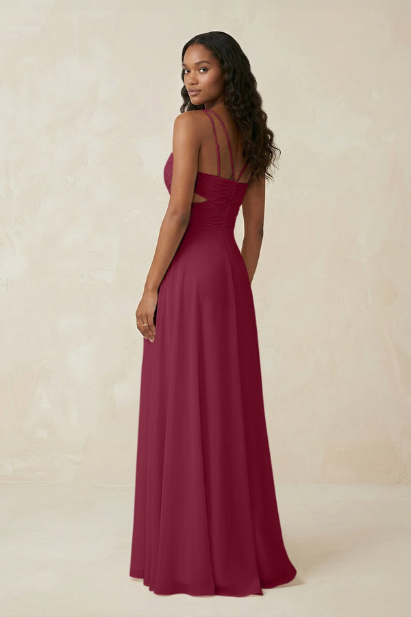 V - Neck Chiffon A - Line Cut - Out Bridesmaid Dress in Desert Rose - KissProm Bridesmaid Dresses