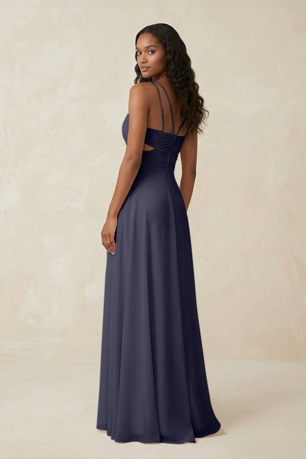 V - Neck Chiffon A - Line Cut - Out Bridesmaid Dress in Dusk Blue - KissProm Bridesmaid Dresses