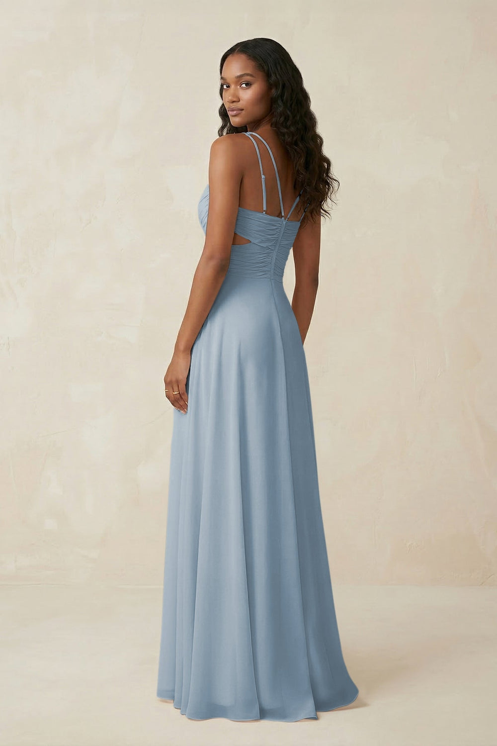 V - Neck Chiffon A - Line Cut - Out Bridesmaid Dress in Dusty Blue - KissProm Bridesmaid Dresses