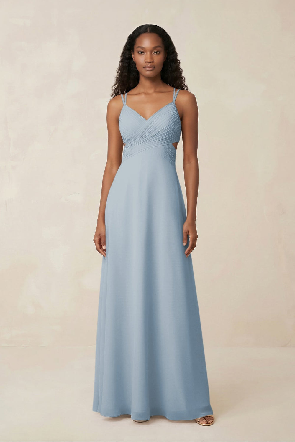 V - Neck Chiffon A - Line Cut - Out Bridesmaid Dress in Dusty Blue - KissProm Bridesmaid Dresses