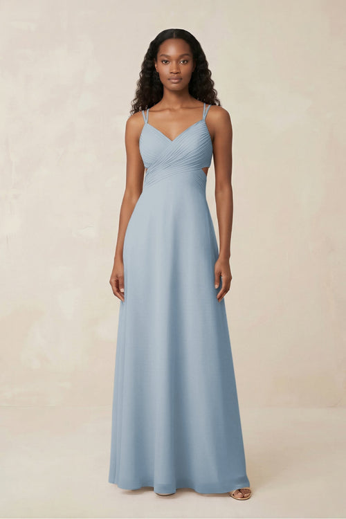 V - Neck Chiffon A - Line Cut - Out Bridesmaid Dress in Dusty Blue - KissProm Bridesmaid Dresses