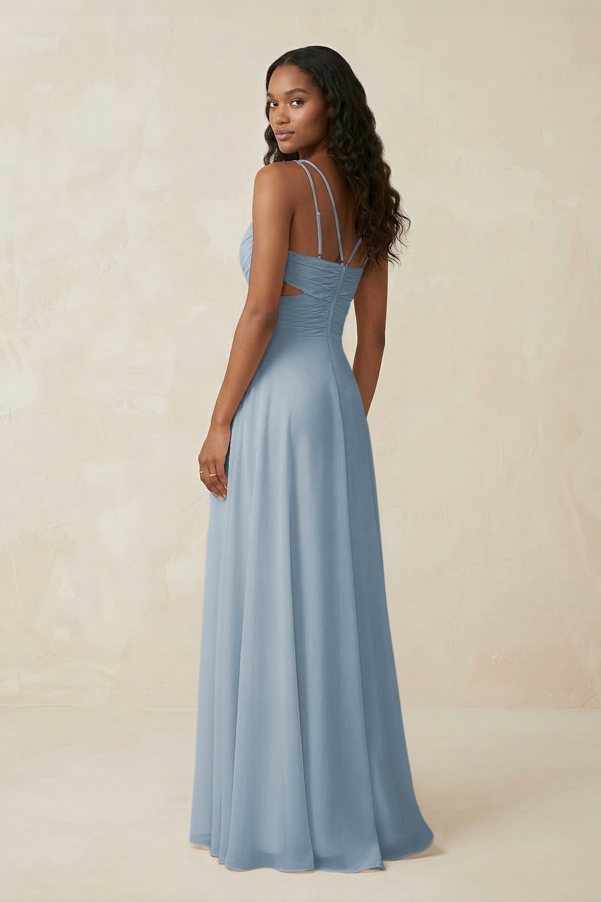 KissProm V-Neck Chiffon A-Line Cut-Out Bridesmaid Dress in Dusty Blue, Dusty Blue / 2