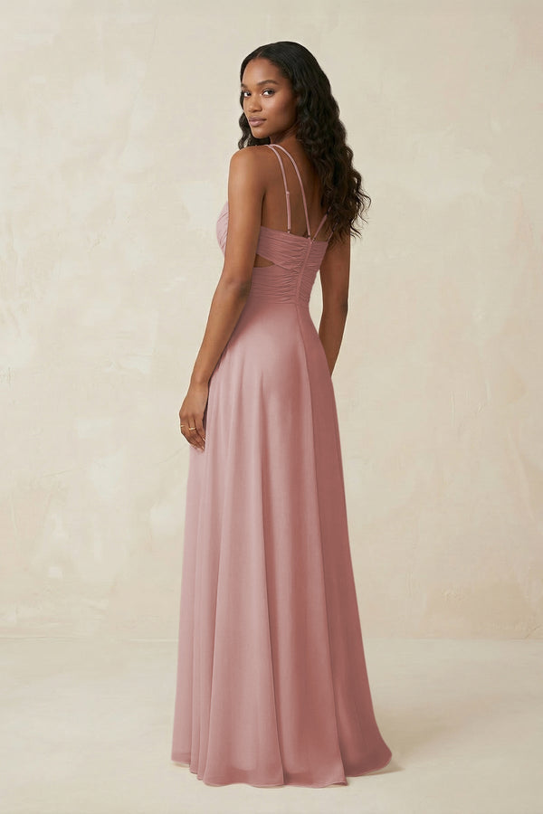 V - Neck Chiffon A - Line Cut - Out Bridesmaid Dress in Dusty Rose - KissProm Bridesmaid Dresses