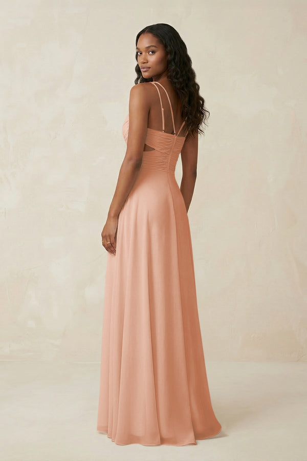 V - Neck Chiffon A - Line Cut - Out Bridesmaid Dress in English Rose - KissProm Bridesmaid Dresses