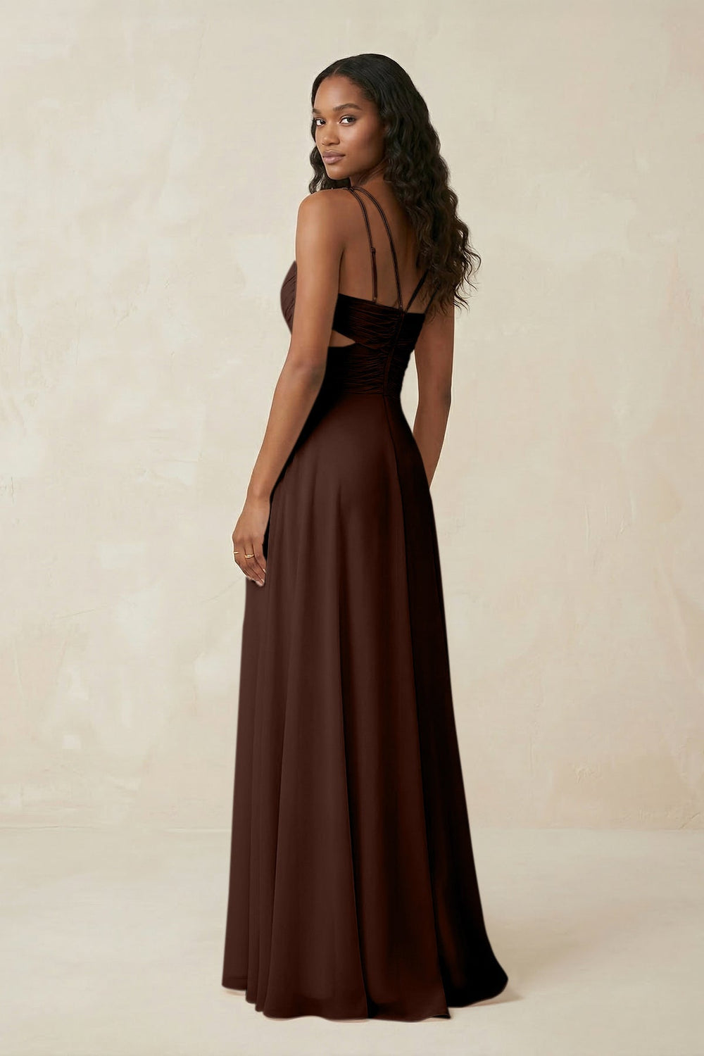 V - Neck Chiffon A - Line Cut - Out Bridesmaid Dress in Espresso - KissProm Bridesmaid Dresses