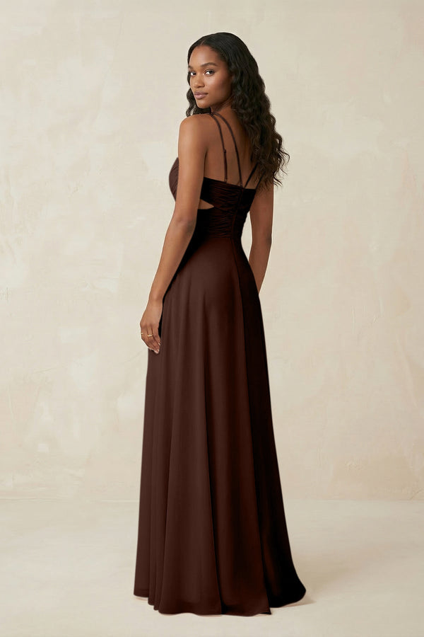V - Neck Chiffon A - Line Cut - Out Bridesmaid Dress in Espresso - KissProm Bridesmaid Dresses