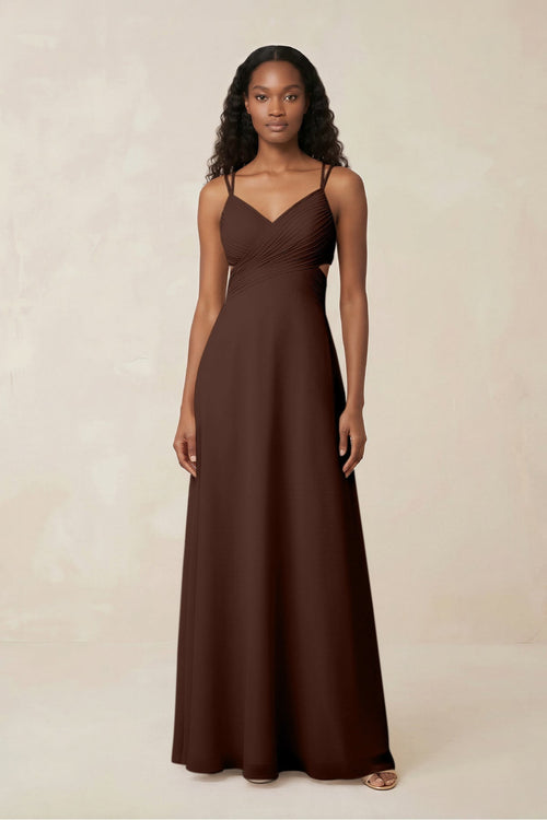 V - Neck Chiffon A - Line Cut - Out Bridesmaid Dress in Espresso - KissProm Bridesmaid Dresses