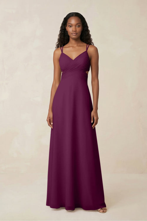V - Neck Chiffon A - Line Cut - Out Bridesmaid Dress in Fig - KissProm Bridesmaid Dresses
