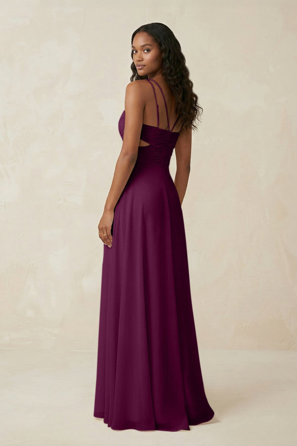 V - Neck Chiffon A - Line Cut - Out Bridesmaid Dress in Fig - KissProm Bridesmaid Dresses
