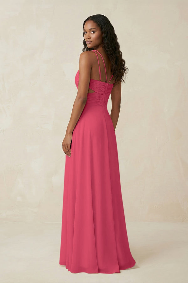 V - Neck Chiffon A - Line Cut - Out Bridesmaid Dress in Fuchsia - KissProm Bridesmaid Dresses