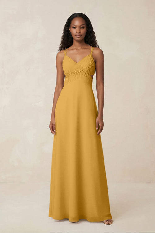 V - Neck Chiffon A - Line Cut - Out Bridesmaid Dress in Marigold - KissProm Bridesmaid Dresses