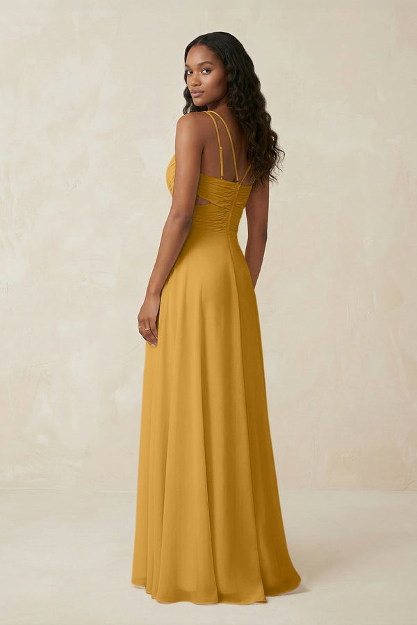 V - Neck Chiffon A - Line Cut - Out Bridesmaid Dress in Marigold - KissProm Bridesmaid Dresses