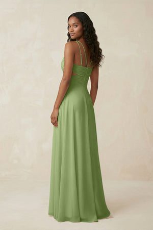 V - Neck Chiffon A - Line Cut - Out Bridesmaid Dress in Matcha - KissProm Bridesmaid Dresses