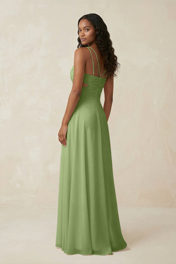 V - Neck Chiffon A - Line Cut - Out Bridesmaid Dress in Matcha - KissProm Bridesmaid Dresses