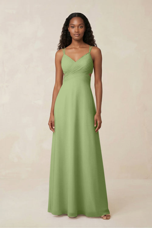 V - Neck Chiffon A - Line Cut - Out Bridesmaid Dress in Matcha - KissProm Bridesmaid Dresses