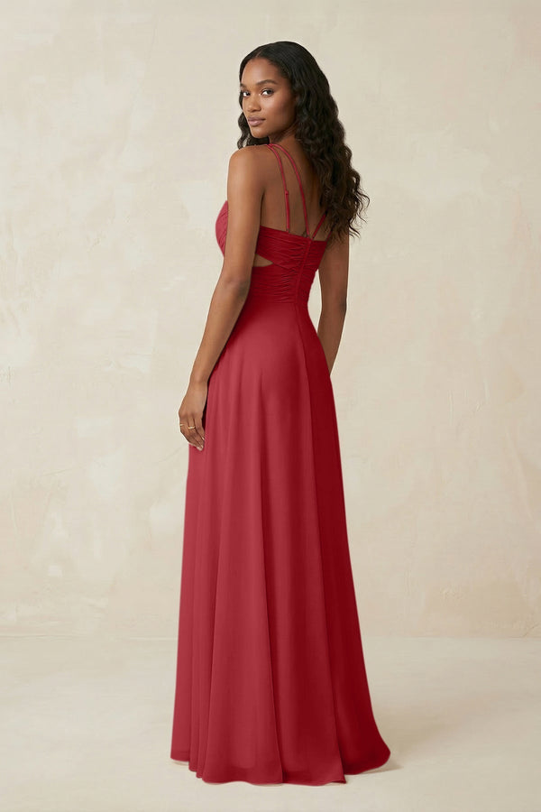 V - Neck Chiffon A - Line Cut - Out Bridesmaid Dress in Merlot - KissProm Bridesmaid Dresses