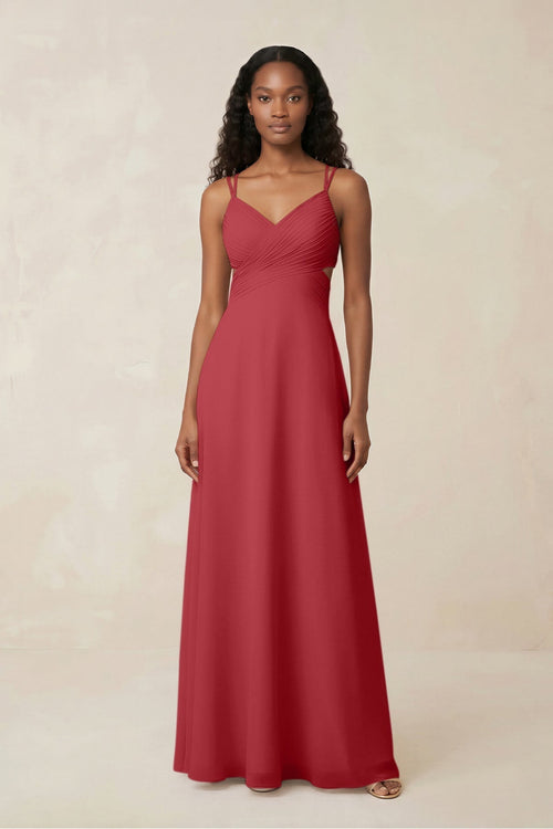 V - Neck Chiffon A - Line Cut - Out Bridesmaid Dress in Merlot - KissProm Bridesmaid Dresses