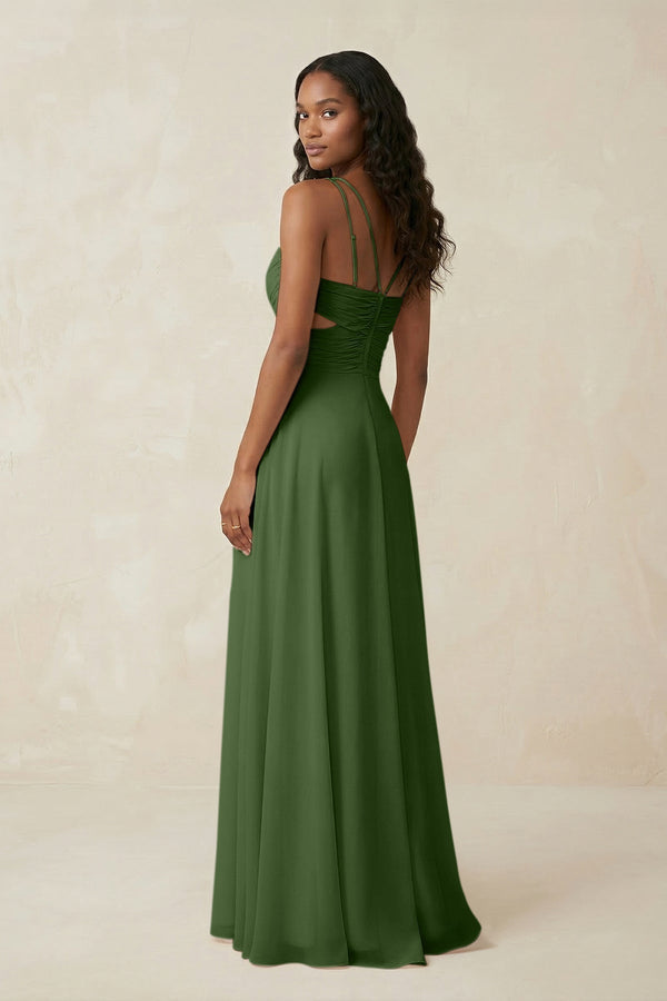 V - Neck Chiffon A - Line Cut - Out Bridesmaid Dress in Moss - KissProm Bridesmaid Dresses