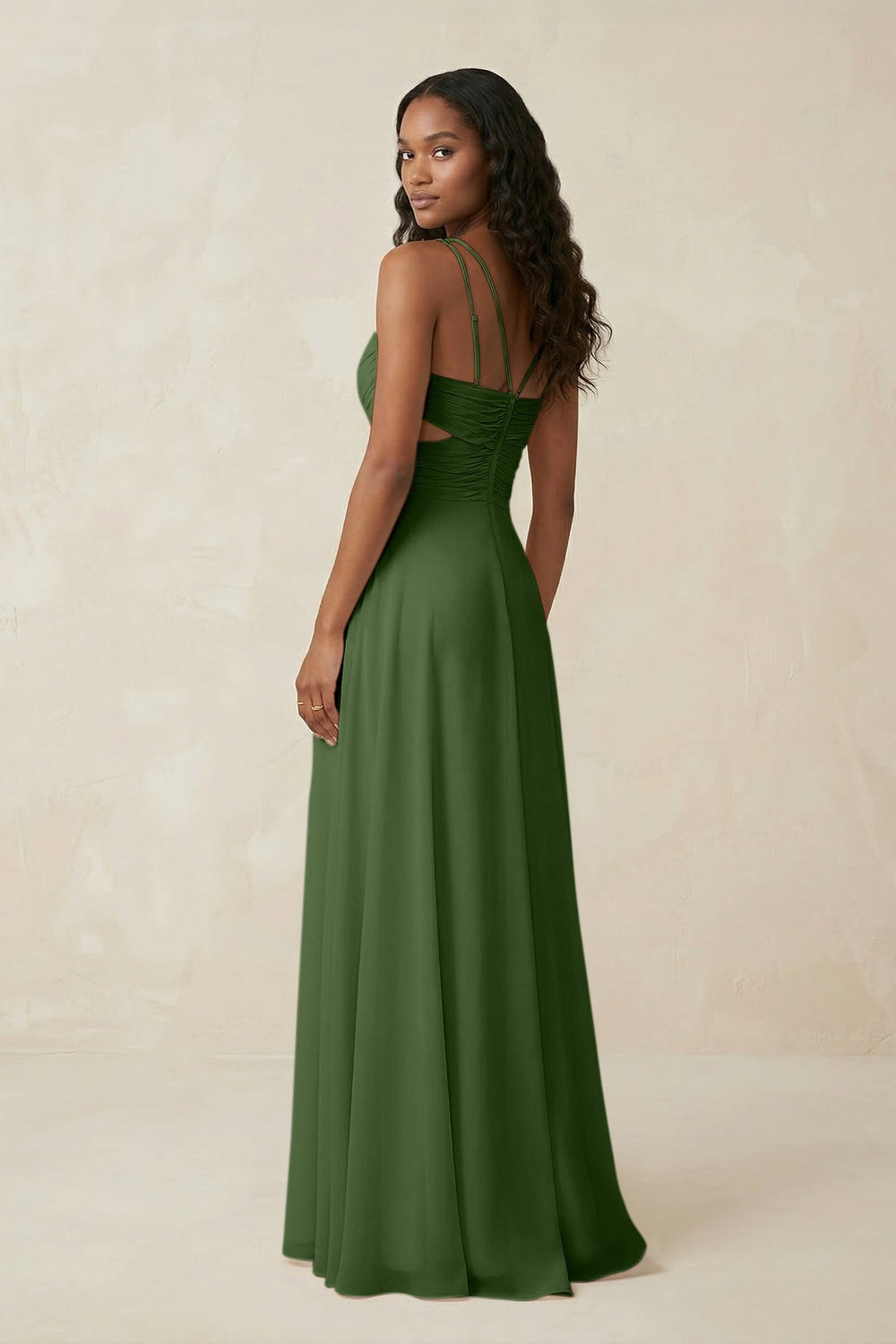 V - Neck Chiffon A - Line Cut - Out Bridesmaid Dress in Moss - KissProm Bridesmaid Dresses