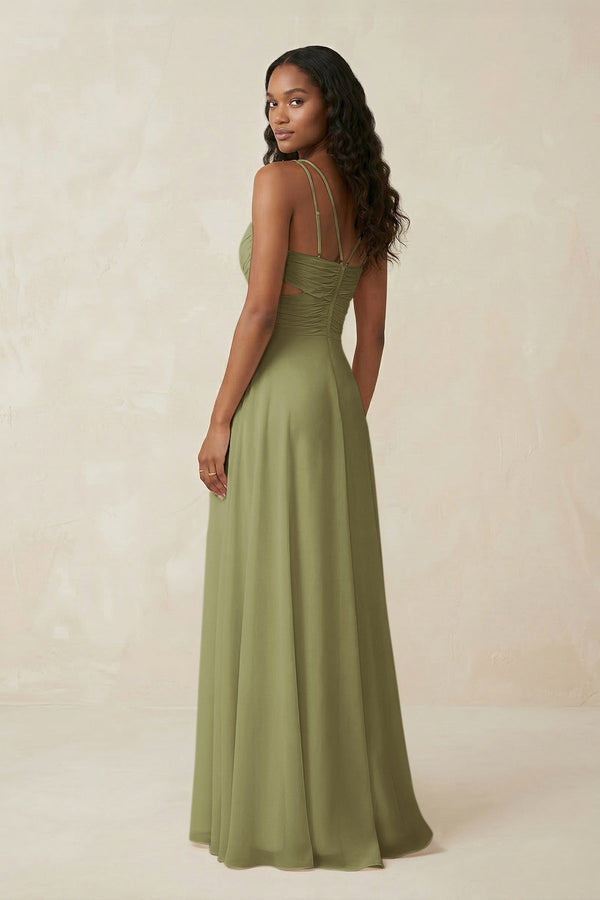V - Neck Chiffon A - Line Cut - Out Bridesmaid Dress in Moss Green - KissProm Bridesmaid Dresses
