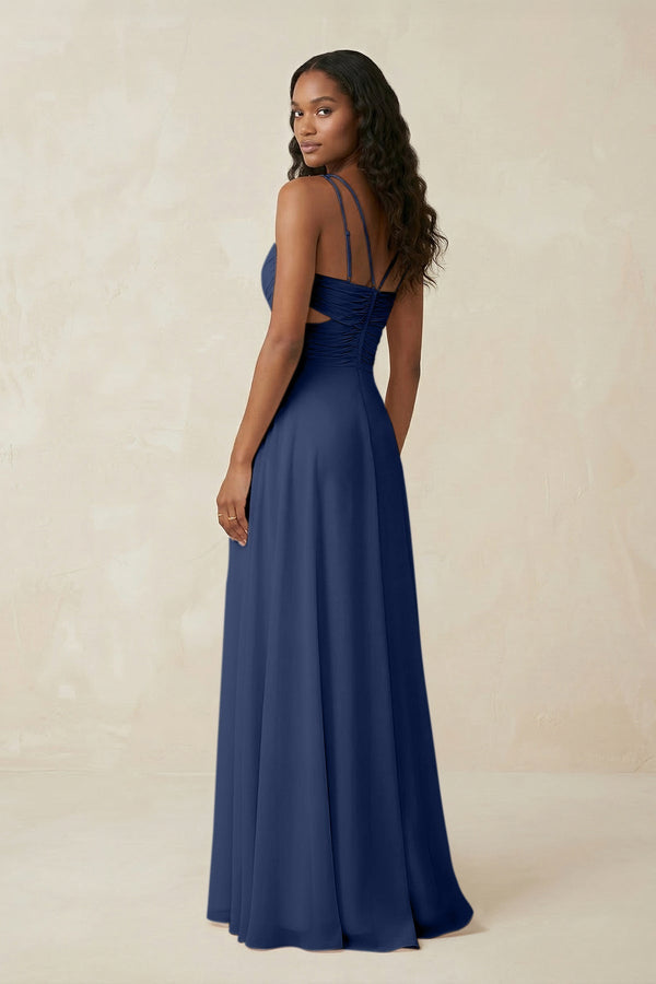 V - Neck Chiffon A - Line Cut - Out Bridesmaid Dress in Navy - KissProm Bridesmaid Dresses