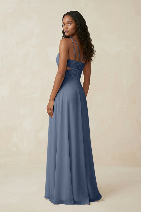 V - Neck Chiffon A - Line Cut - Out Bridesmaid Dress in Neptune - KissProm Bridesmaid Dresses