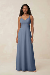 V - Neck Chiffon A - Line Cut - Out Bridesmaid Dress in Neptune - KissProm Bridesmaid Dresses