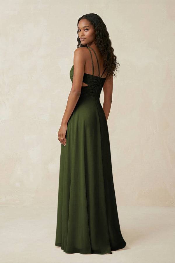 V - Neck Chiffon A - Line Cut - Out Bridesmaid Dress in Olive - KissProm Bridesmaid Dresses