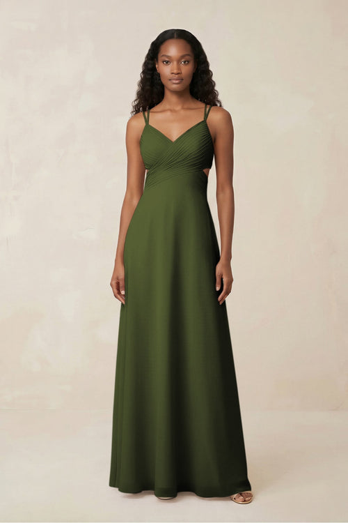 V - Neck Chiffon A - Line Cut - Out Bridesmaid Dress in Olive - KissProm Bridesmaid Dresses