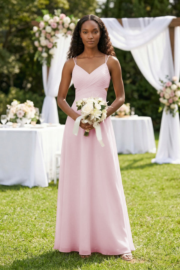 V-Neck Chiffon A-Line Cut-Out Bridesmaid Dress in Candy Pink, Candy Pink / 18