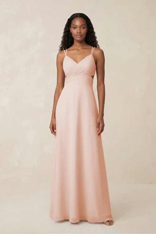 V - Neck Chiffon A - Line Cut - Out Bridesmaid Dress in Pale Blush - KissProm Bridesmaid Dresses