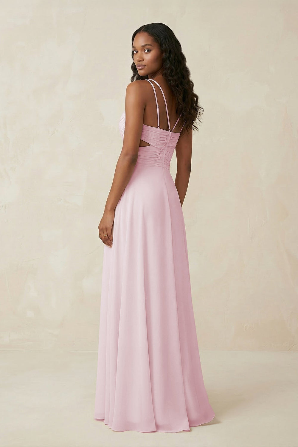 V - Neck Chiffon A - Line Cut - Out Bridesmaid Dress in Pale Blush - KissProm Bridesmaid Dresses