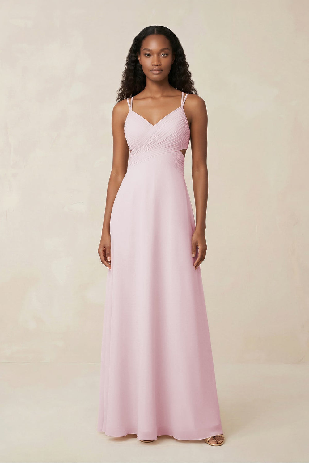 V - Neck Chiffon A - Line Cut - Out Bridesmaid Dress in Pale Blush - KissProm Bridesmaid Dresses