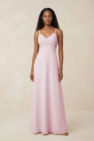 V - Neck Chiffon A - Line Cut - Out Bridesmaid Dress in Pale Blush - KissProm Bridesmaid Dresses