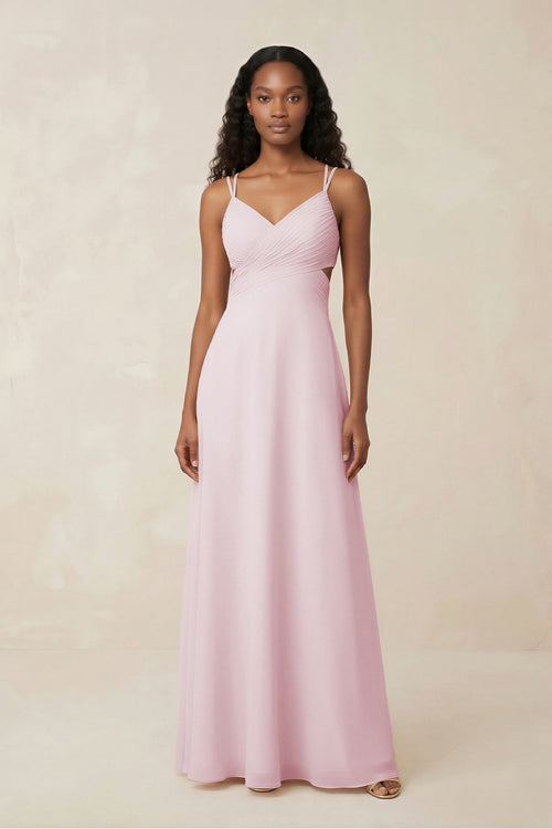 V-Neck Chiffon A-Line Cut-Out Bridesmaid Dress in Candy Pink, Candy Pink / 26