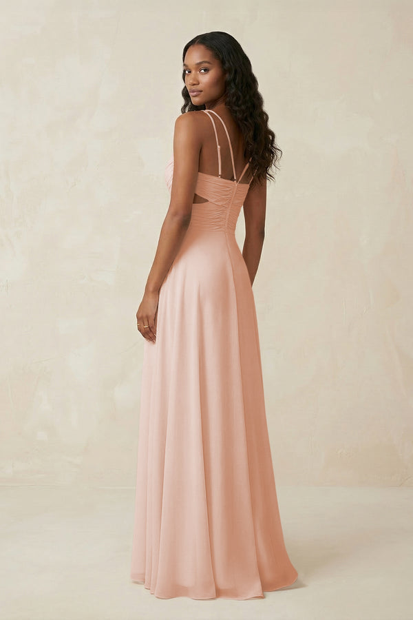 V - Neck Chiffon A - Line Cut - Out Bridesmaid Dress in Pale Blush - KissProm Bridesmaid Dresses